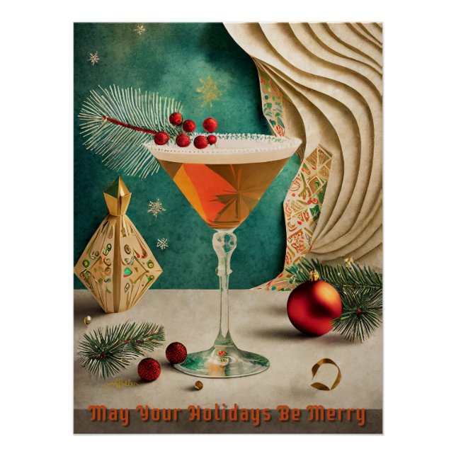 Poster Mi-Siècle Cocktail de Noël Fête Happy Hour (Devant)