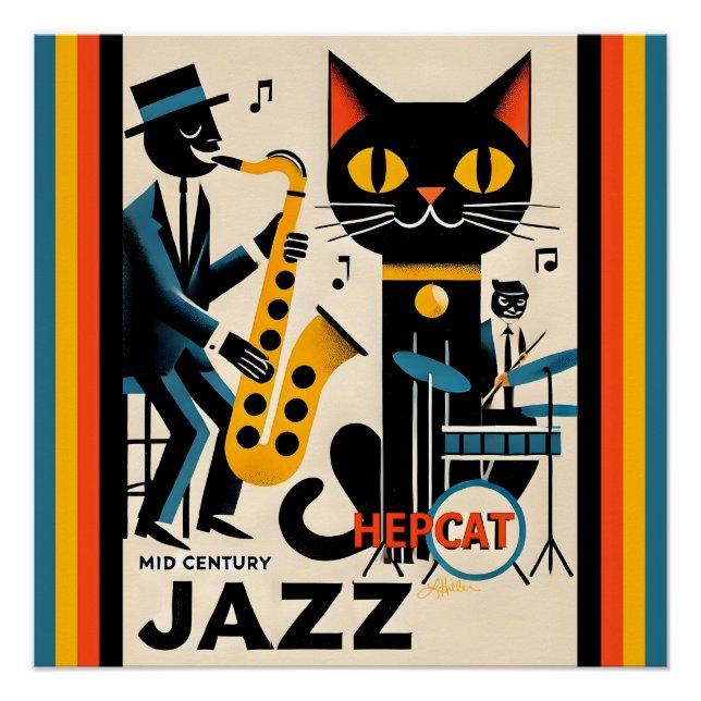 Poster Mi siècle Jazz Age HepCat Chat Noir (Devant)