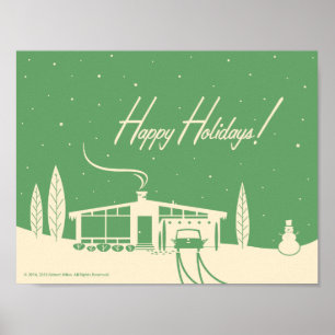 Poster Mi-Siècle Joyeux Vacances Snowscene-Green