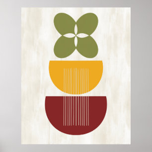 Poster Mi-siècle Moderne Abstraite Botanique Rouge Jaune