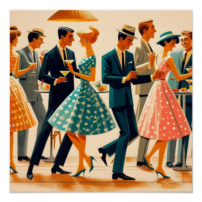 Poster Mi-siècle Moderne Martinis Danser Cocktail Party (Devant)