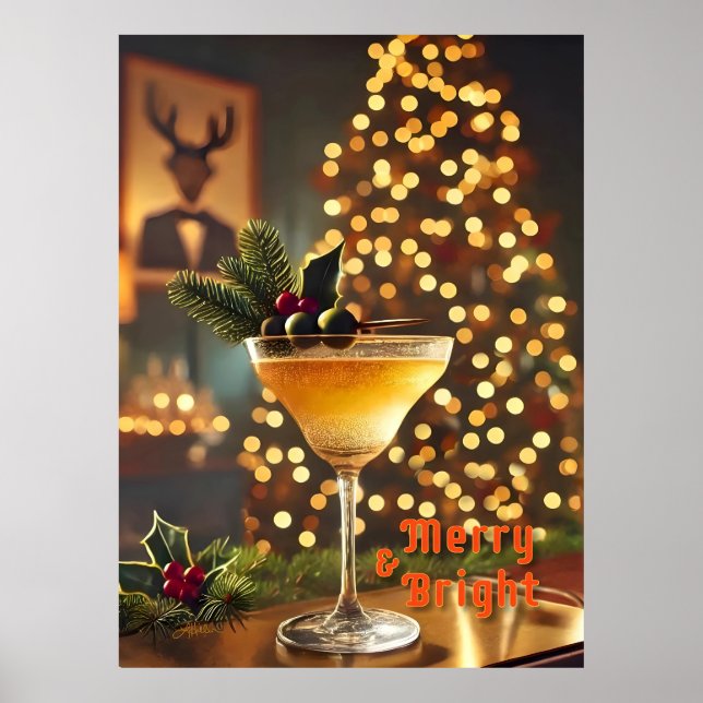 Poster Mi-Siècle Noël Joyeux & Cocktail lumineux (Devant)