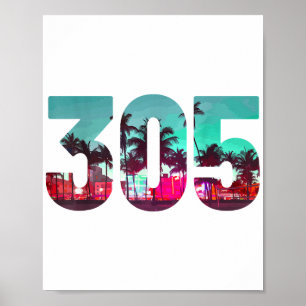 Poster Miami 305 Zone Code Floride Palm Trees Vintage Pri