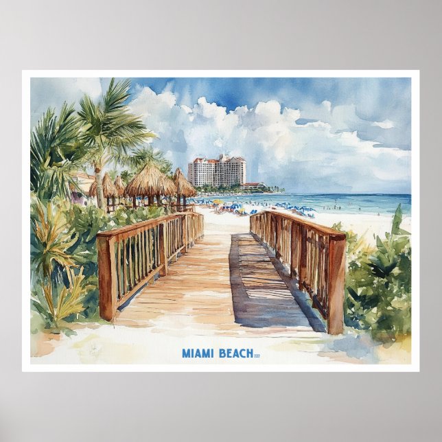 Poster Miami Beach, Floride carte postale peinture aquare (Devant)