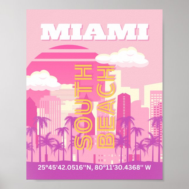 Poster Miami Beach, Miami Travel Art, Preppy Room, Rose (Devant)