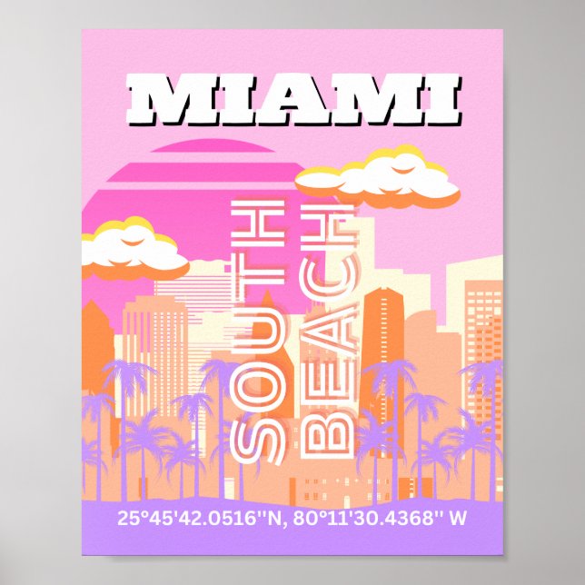 Poster Miami Beach, Miami Travel Art, Preppy Room, Rose (Devant)