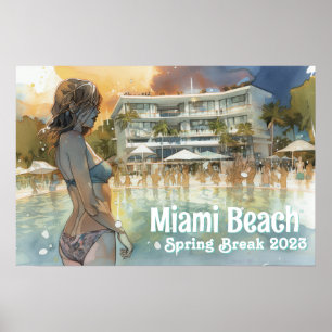 Poster Miami Beach Spring Break Girl in Pool Watercolor