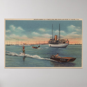 Poster Miami, FL - scène de ski d'eau, bateau en bois