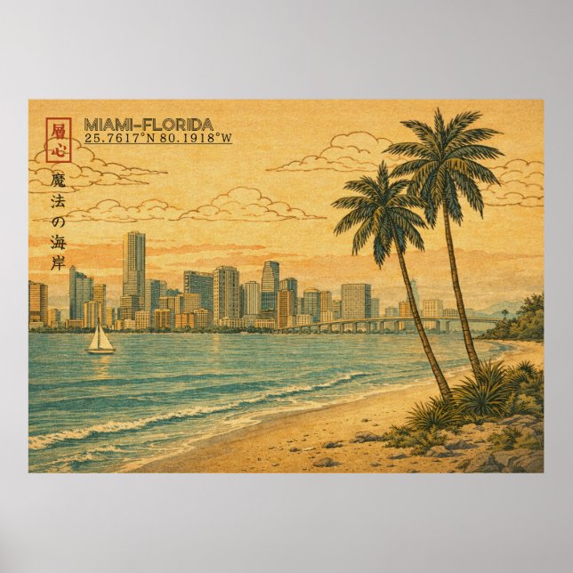 Poster Miami Florida Skyline in Japanese Ukiyo-e (Devant)
