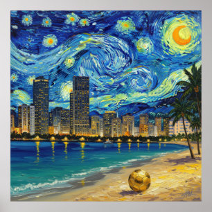 Poster Miami Golden Shore Soccer Élégant et Huile Beaux-A