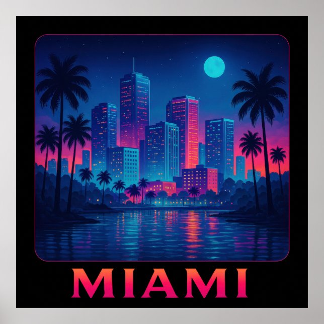 Poster Miami Moonrise - Neon Skyline (Devant)