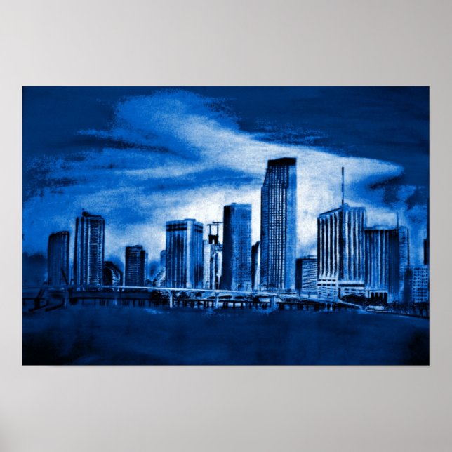 Poster Miami Skyline en bleu (Devant)