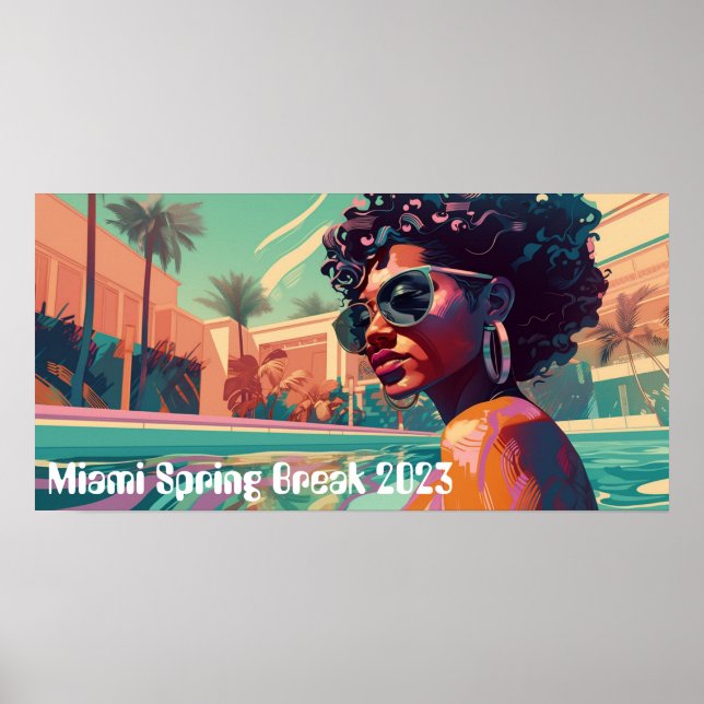 Poster Miami Spring Break Black Woman in Pool Peinture (Devant)