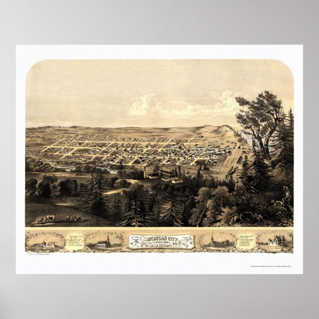 Poster Michigan City, IN Panoramic Map - 1869a (Devant)