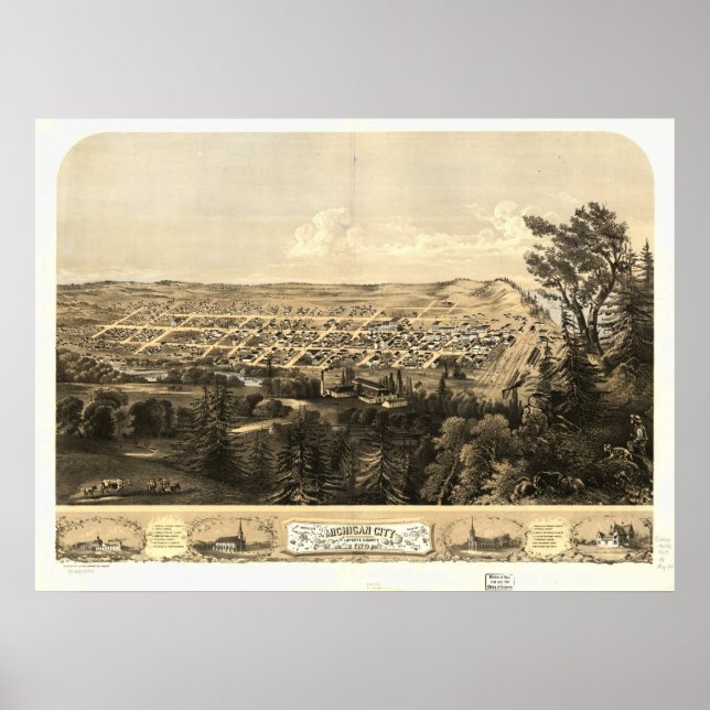 Poster Michigan City Indiana 1869 Carte panoramique antiq (Devant)