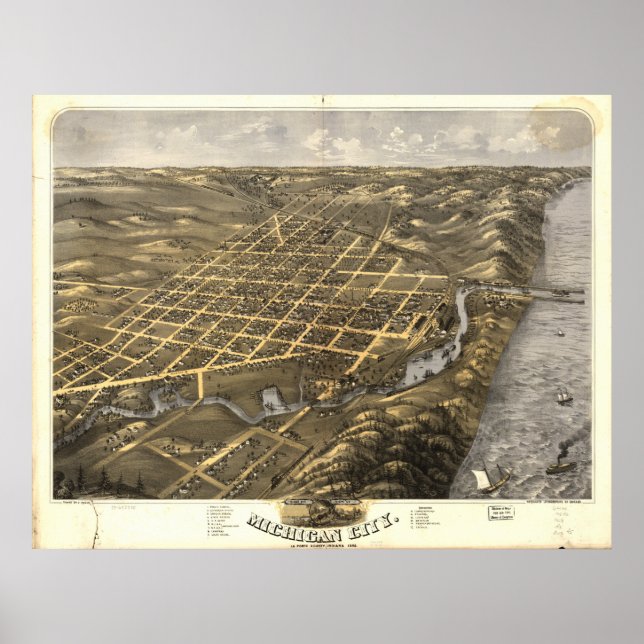 Poster Michigan City Indiana 1869 Carte panoramique antiq (Devant)