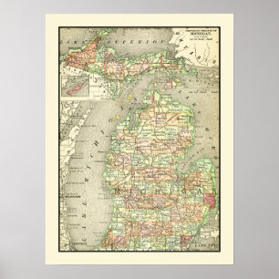 Poster Michigan Colorful Antique Map État et comtés