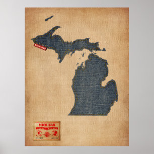 Poster Michigan Map Denim Jeans Style