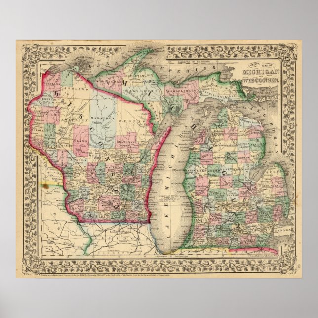 Poster Michigan, Wisconsin Carte par Mitchell (Devant)