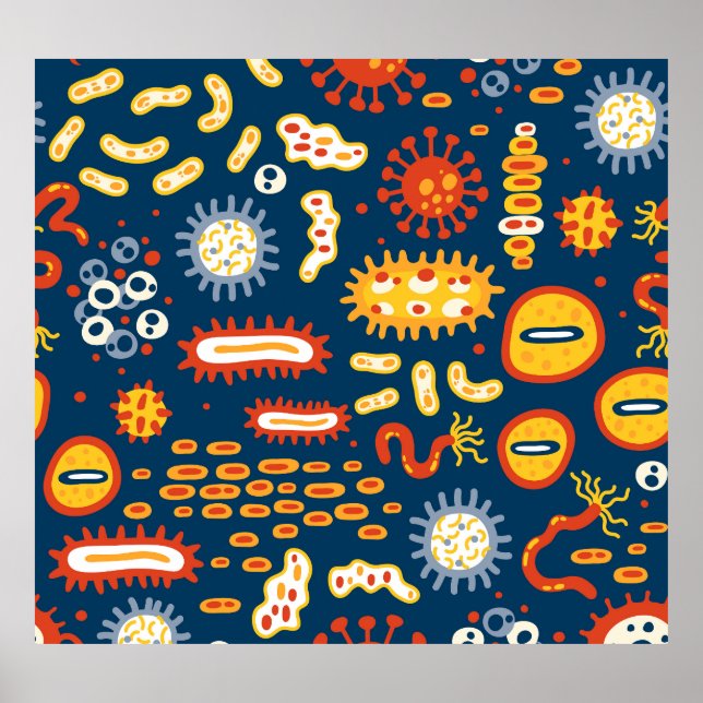 Poster Microorganismes Bleu foncé : Motif de biologie (Devant)