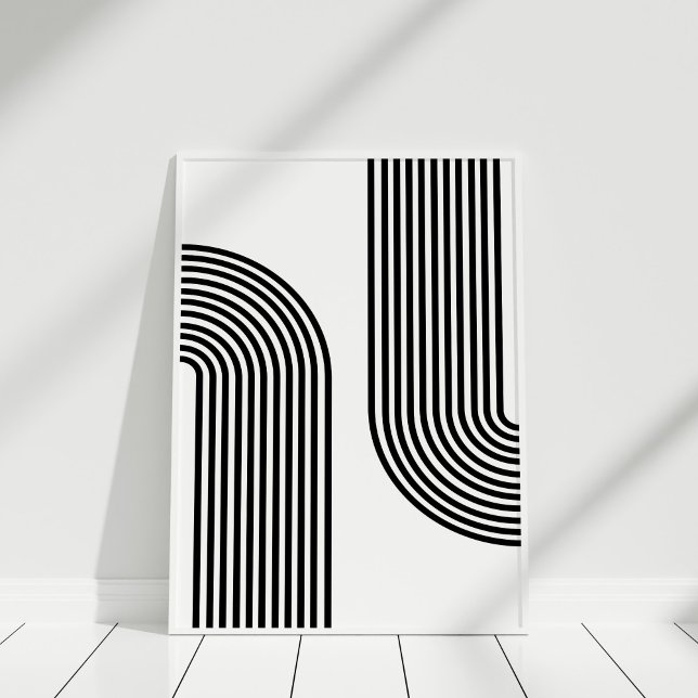 Poster Mid Century Art moderne noir et blanc Abstrait (Mid Century Modern Black and White Abstract Art Poster against white wall in white frame.)