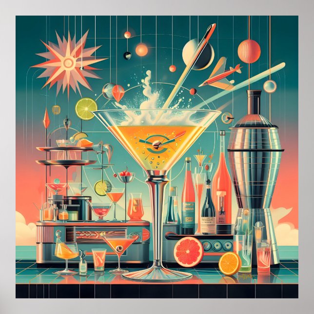 Poster Mid Century Atomic Futuristic Citrus Martini Bar (Devant)