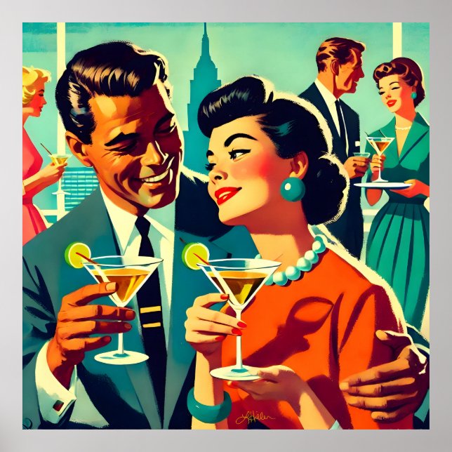 Poster Mid Century Cocktail Party Couples - Mi Amor (Devant)