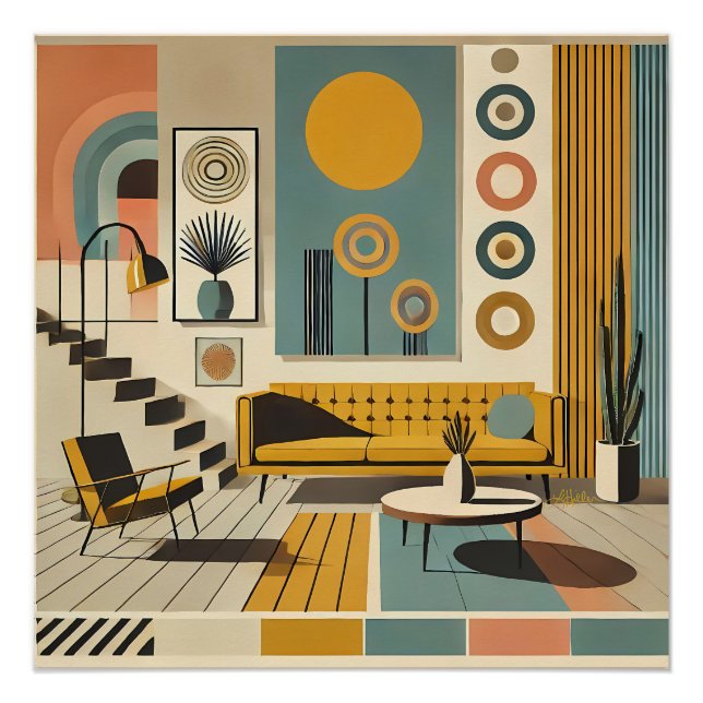 Poster Mid Century Interior Design Desert Livingroom (Devant)