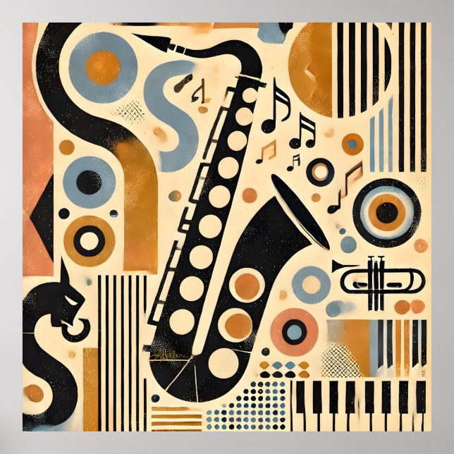 Poster Mid Century Jazz Age Minimalist Art Saxophone (Devant)