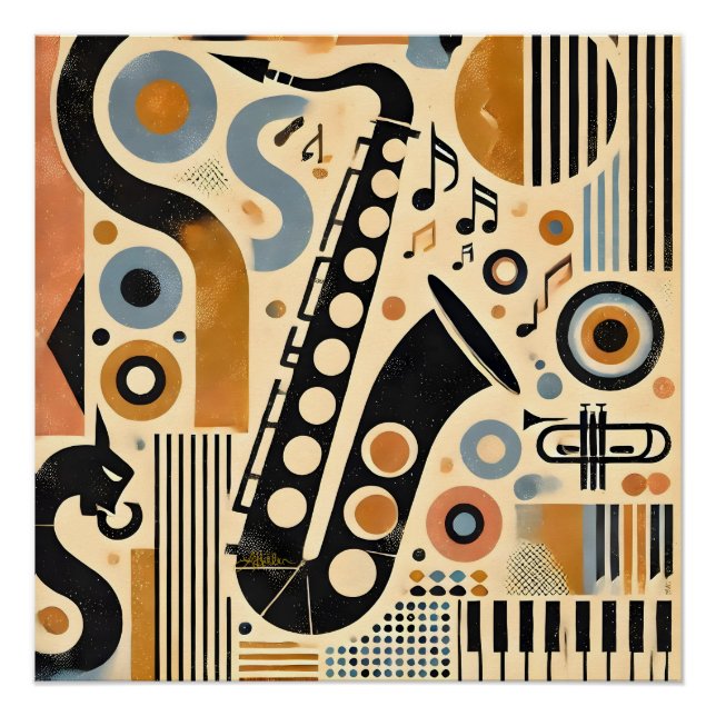 Poster Mid Century Jazz Age Minimalist Art Saxophone (Devant)