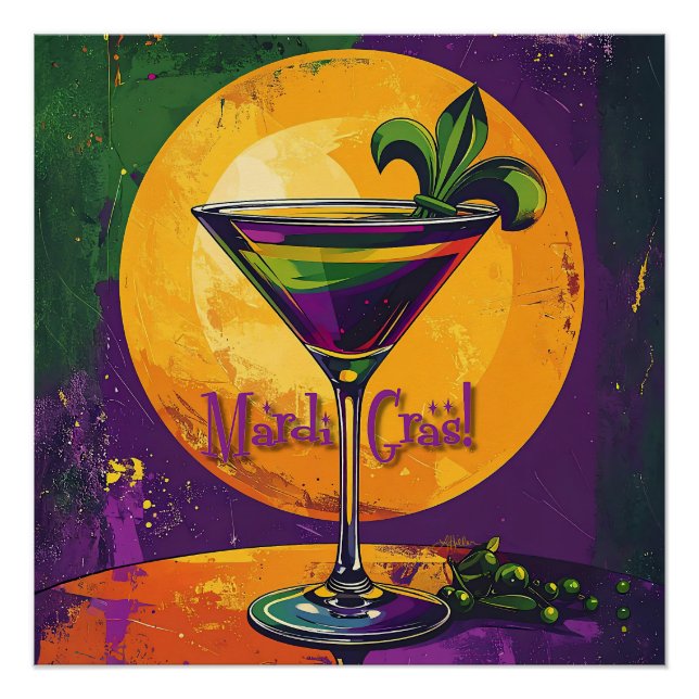Poster Mid Century Mardi Gras Sunset Fleur De Lis Martini (Devant)