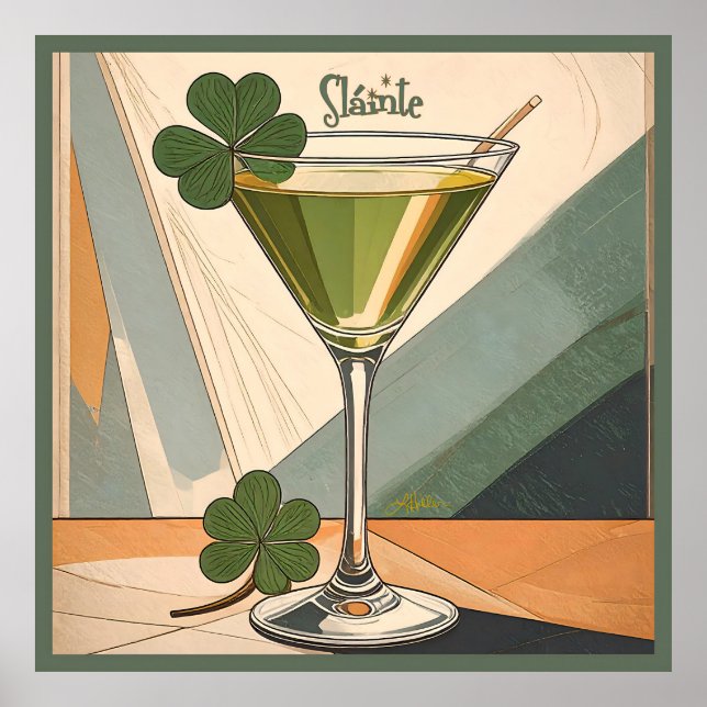 Poster Mid Century Modern Art Shamrock Martini Sláinte!  (Devant)