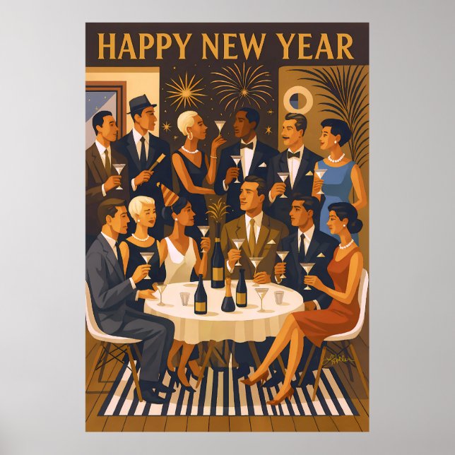 Poster Mid Century Modern Martini Intellectuals New Year (Devant)