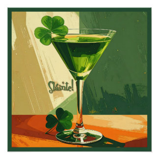 Poster Mid Century Modern Shamrock Martini Sláinte! 