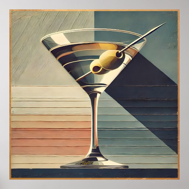 Poster Mid Century Moderne 2 Olive Martini Cocktail Heure (Devant)