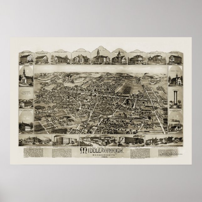 Poster Middleborough, MA Carte panoramique - 1889 (Devant)