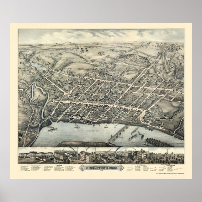 Poster Middletown, CT Carte panoramique - 1877 (Devant)