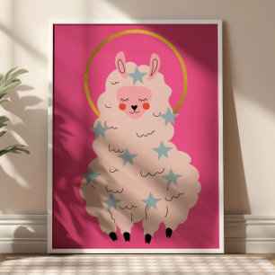 Poster Mignon Alpaca Kawaii Nursery Rose Pastel