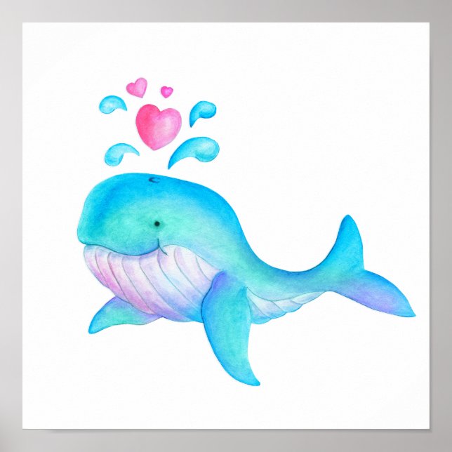 Poster Mignon baleine fantaisiste cœur jaillissant art po (Devant)
