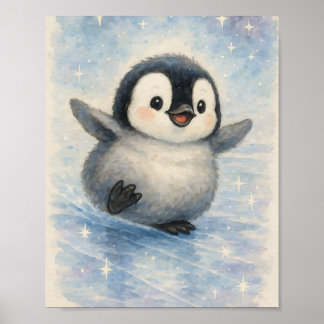 Poster Mignon bébé manchot à l'aquarelle et étoiles scint