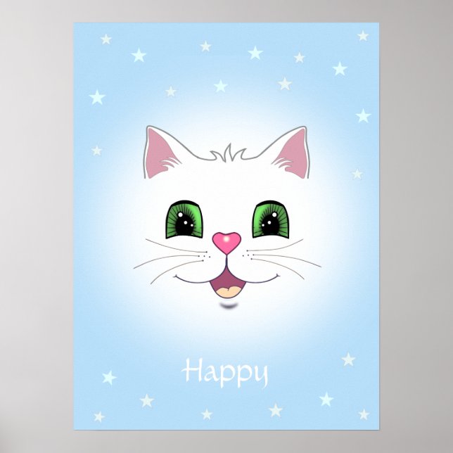 Poster Mignon chat blanc visage sur bleu clair (Devant)
