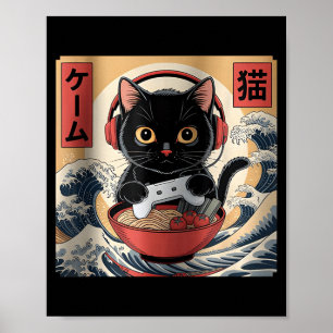 Poster Mignon Chat de Joueur Kawaii Drôle Ramen Rétro Jap