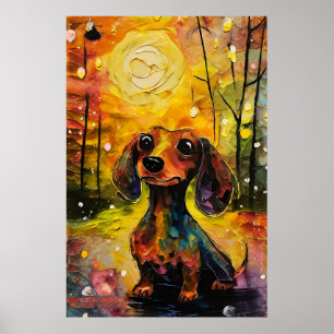 Poster Mignon chiot teckel fantaisiste dans la forêt