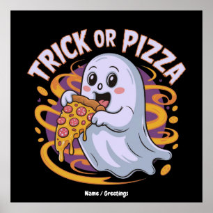 Poster Mignon fantôme mangeant de la pizza drôle et effra