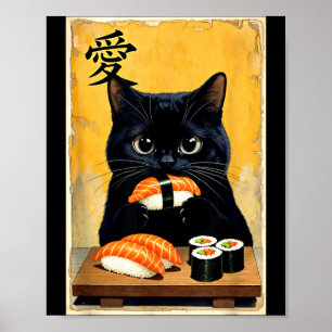 Poster Mignon Kawaii Chat Noir Mangeant Sushi Drôle Japon