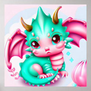 Poster Mignon Kawaii sarcelle et bébé dragon rose