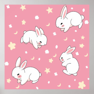 Poster Mignon Lapin Kawaii Rose Doodle