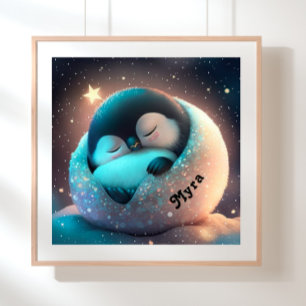 Poster Mignon Manchot dormant Étoiles Lune Art Nurserie