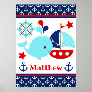 Poster Mignon motif baleine bleue et ancres nautiques