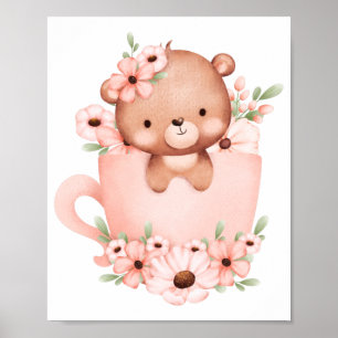 Poster Mignon ours en peluche rose dans une tasse avec de